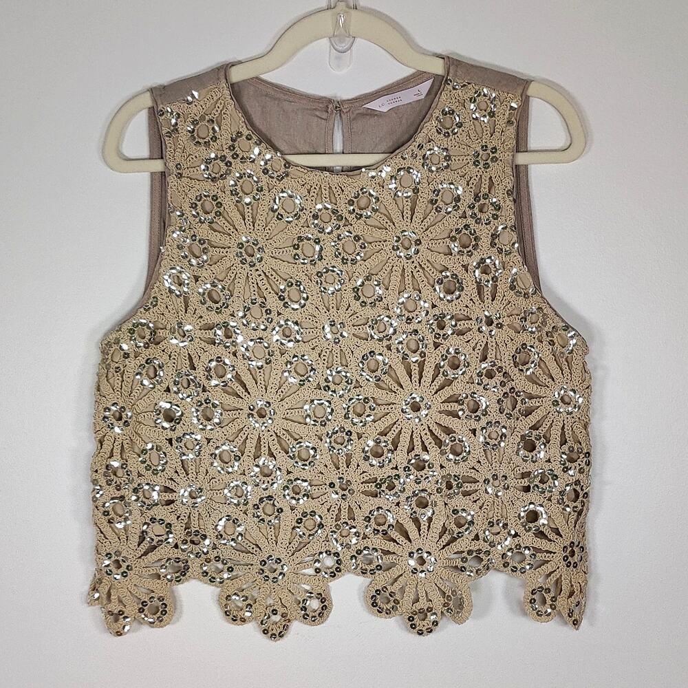 Lauren Conrad Sequin Crochet Crop Tank Fairycore Boho Top L